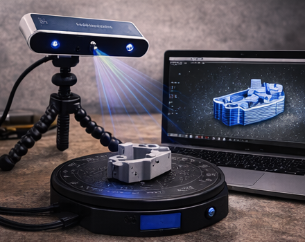 Bauteil auf einem Drehteller vor einem 3D-Scanner